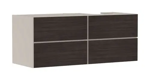 Waschtischunterschrank von Hansgrohe in Sandbeige mit vier Schubkästen, geeignet für einen Aufsatzwaschtisch, mit einem geschliffenen Bereich auf der rechten Seite.